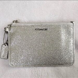 Coach Sparkle Metallic Silver Glitter Dust Small Wristlet Pouch Bag